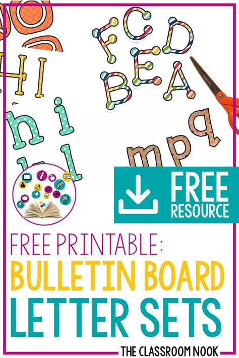 Grab 6 FREE sets of bulletin board letters to use in your classroom!  PLUS:  Learn how to make your own using PowerPoint!#bulletinboards #classroomdecor #diy #classroomdiy Free Bulletin Board Borders, Bulletin Board Printables Free, Bulletin Board Letters Free Printables Classroom, Letters For Bulletin Boards Printable, Bulletin Letters Printable Free, Bulletin Board Borders Printable Free, Free Bulletin Board Printables, Bulletin Board Letters Free Printables, Free Bulletin Board Letters