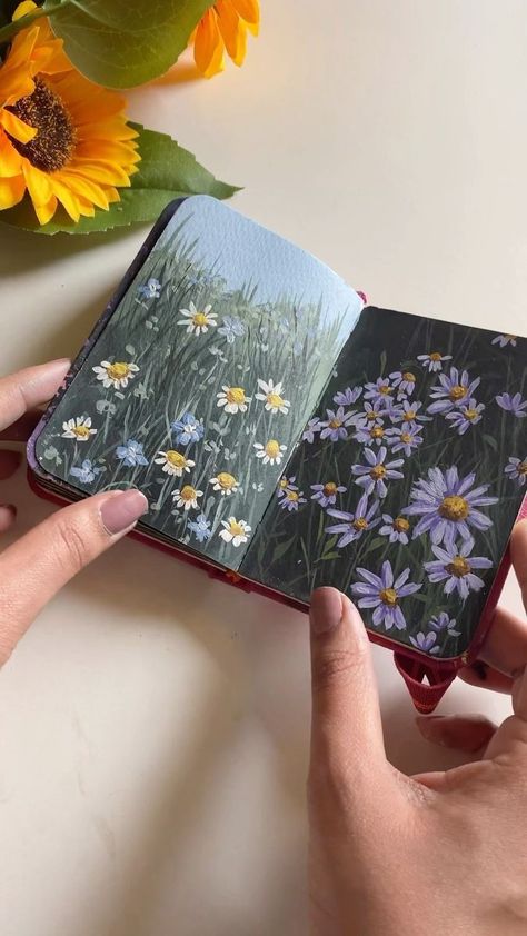 i could paint flowers all my life . . . gouache from @flashpaints_official artwork inspired by @denaisx . . . . . . . . #art #landscape #field #country #cottagecore #naturelovers #acrylicpainting #gouache #tutorial #painting #sketchbook #flowers #flowers🌸 #flowerstagram #aesthetic #daisy #daisies | Shuchita Yadav | Lata Mangeshkar · Ehsan Tera Hoga Mujh Par - Lata Mangeshkar Daisy Field Drawing, Gouache Flower Field, Daisy Field Painting, Daisy Flower Drawing, Sketchbook Flowers, Aesthetic Daisy, Landscape Field, Daisy Drawing, Country Cottagecore