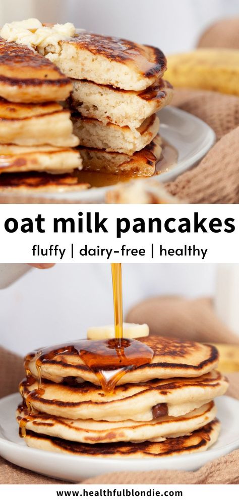 dairy-free quick and easy ultra-fluffy oat milk pancakes Fluffy Oat Flour Pancakes, Non Dairy Pancake Recipe, Oat Milk Pancake Recipe, Healthy Dairy Free Pancakes, Pancakes With Oat Milk, Oatmilk Pancakes Recipe, Healthy American Pancakes, Baking With Oat Milk, Oat Milk Recipes Healthy Breakfasts