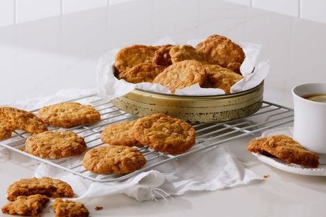 The only Anzac biscuit recipe you'll ever need Delicious Magazine Recipes, Cakes Slices, Dessicated Coconut, Vegan Biscuits, Coconut Oatmeal, Anzac Biscuits, Healthy Cheesecake, Desiccated Coconut, Magazine Recipes