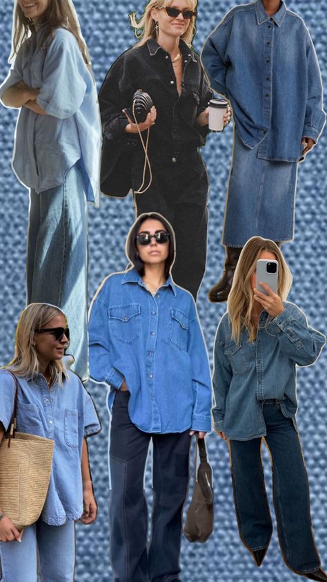 Denim tuxedo outfits Baggy Denim Shirt Outfit, Denim Shirt Fall Outfit, Button Down Shirt Outfit Winter, Oversized Jean Shirt Outfits, Button Down Casual Outfit, Texas Street Style, Denim Shirt And Jeans Outfit, Denim Button Down Shirt Outfit, Jean Button Up Shirt Outfit