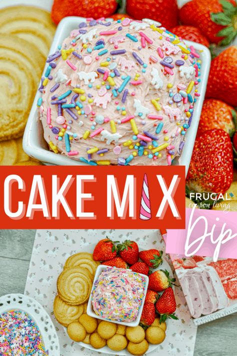 Getting ready for a Unicorn Birthday? This easy Unicorn Dip makes and incredible Kids Party Food. have you tried cake mix desserts? Only a few simple ingredients go into an amazingly sweet appetizer. You might make this Strawberry cake mix recipe for any old reason. All the goodness with a with a dash of magic! #FrugalCouponLiving #unicorn #unicornbirthday #cakemixdesserts Unicorn Party Appetizers, Unicorn Dip Recipes, Unicorn Dirt Cups, Unicorn Party Veggie Tray, Unicorn Snack Mix Recipe, Unicorn Dip, Strawberry Cake Mix Recipes, Dip Party, Cake Mix Recipe