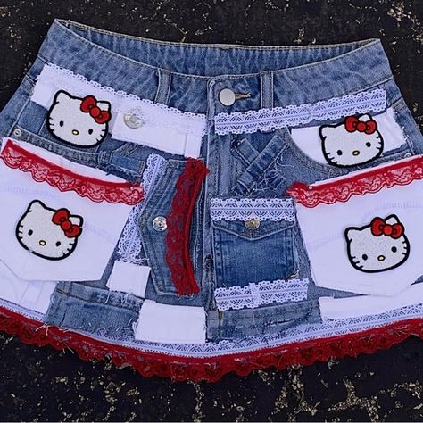 Hello Kitty Custom Made Denim Skirt Hello Kitty Custom, Custom Denim, Cute Friend Photos, Trim Color, Cute Friends, Skirt Length, White Lace, Denim Skirt, Lace Trim