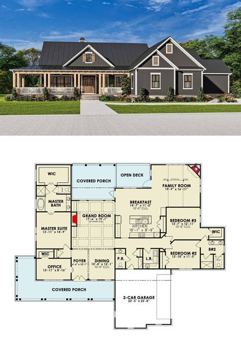 Single-Story Country Style 3-Bedroom Farmhouse with Wraparound Porch and Jack & Jill Bathroom (Floor Plan) Single Story House With Wraparound Porch, Wrap Around Porch 1 Story, Single Story Ranch House Exterior, Ranch House With Wrap Around Porch, House Color Themes, Wraparound Porch Farmhouse, Single Story Farmhouse Plans, Wraparound Porch House Plans, One Level Farmhouse Plans