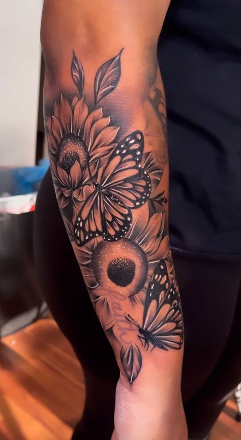 Sunflower Tattoo Ideas For Women, Sunflower Quarter Sleeve Tattoo, Sunflower Butterfly Tattoo Sleeve, Sunflower Sleeve Tattoos For Women, Sunflower Lower Arm Tattoo, Sunflower Leg Tattoo, Sunflowers And Butterflies Tattoos Sleeve, Butterflies And Sunflowers Tattoo, Sunflower And Butterfly Tattoo