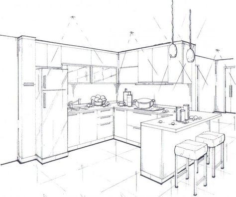 Kitchen Design Sketch Drawings, Interior Design Sketches Perspective Kitchen, Kitchen Sketch Drawing Interior Design, Kitchen Perspective Drawing, Kitchen Interior Drawing, Kitchen Interior Sketch, 2 Point Perspective Drawing Interior, Kitchen Drawing Sketch, Interior Perspective Drawing