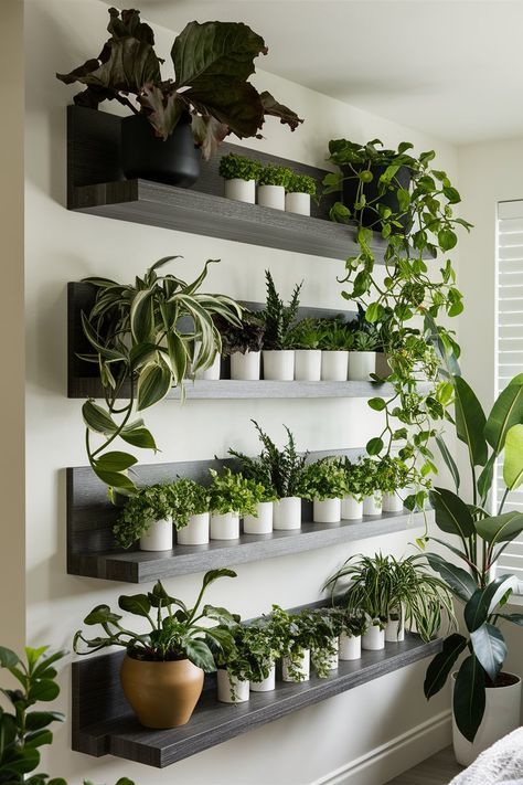 Indoor Plant Display, Wall Hanging Decorations, Plant Display Ideas, Indoor Plant Wall, Corner Plant, Plants Wall, Hanging Plant Wall, Living Room Plants, Floating Plants