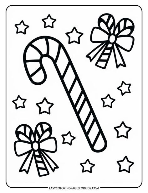 Black and white coloring page featuring a candy cane surrounded by festive bows and stars, perfect for holiday-themed art activities. Preschool Christmas Candy Cane Craft, Candy Cane Crafts For Preschoolers, Candy Cane Lessons For Kids, Candy Cane Coloring Pages Free Printable, Candy Cane Printable Free, Candy Cane Art Projects For Kids, Candy Cane Crafts Preschool, Candy Cane Gift Ideas, Diy Candy Cane Decorations