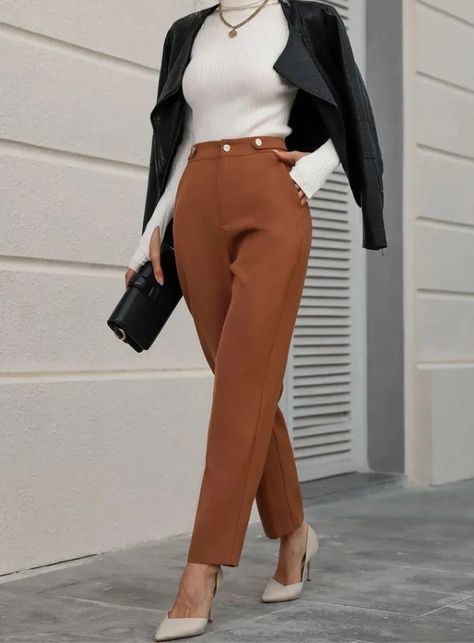 Copper Trousers Outfit, Rust Brown Trousers Outfit, Rust Trousers Outfit Women, Rust Dress Pants Outfit, Brown Bottoms Outfit, Rust Orange Pants Outfit, Rust Brown Pants Outfit, Marron Pants Outfit, Chocolate Brown Outfits Female