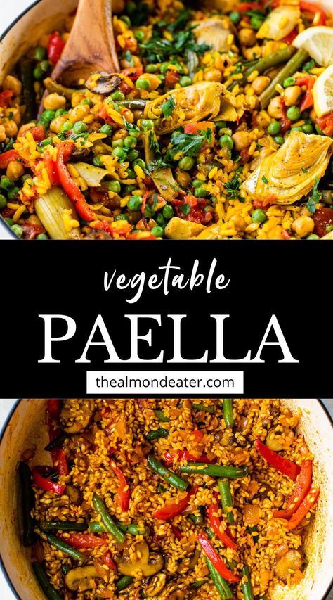 This Vegetable Paella recipe is easy to make in one pot with vibrant veggies, protein-packed chickpeas, and aromatic spiced rice. It’s ready in about 1 hour and can be enjoyed as a mouthwatering Spanish-inspired vegetarian and vegan-friendly main course! Veggie Paella Recipe, One Pot Rice Recipes Vegetarian, Paella Valenciana Recipe, Protein Packed Vegan Meals, Vegan Paella Recipe, Paella Recipe Vegetarian, Vegetarian Paella Recipe, Vegetarian Meals Aesthetic, Paella Vegetarian