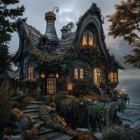 Sea Witch House, Witch Cottage Illustration, Seashell House Concept Art, Fantasy Beach House Concept Art, Underwater House Fantasy Art, Fantasy Dwellings, Magical Village, Victorian Village, Fantasy Outfits