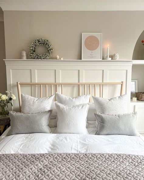 Neutral Bedroom Panelling Wall, Panelling Shelf Bedroom, Coloured Panelling Bedroom, Pictures Above Panelling, Shelf Above Paneling, Panelling Behind Bed With Shelf, White Bedroom Panelling, Bedroom Tongue And Groove Panelling, Neutral Bedroom Panelling