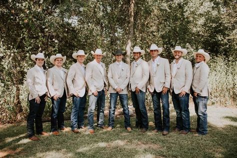 Groomsmen In Cowboy Hats, Ranch Wedding Groomsmen, Western Groomsmen Attire Grey, Groomsmen Cowboy Hats, Country Groomsmen Attire, Western Groomsmen Attire, Mens Western Wedding Attire, Western Wedding Groomsmen, Fun Backyard Wedding