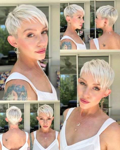 Asymmetrical platinum blonde pixie cut Short Hair Colors, Haircuts Short Hair, Short Hairstyles For Fine Hair, 2023 Hairstyles, Balayage Caramel, Very Short Pixie Cuts, Medium Short Haircuts, Hairstyles For Fine Hair, New Short Hairstyles