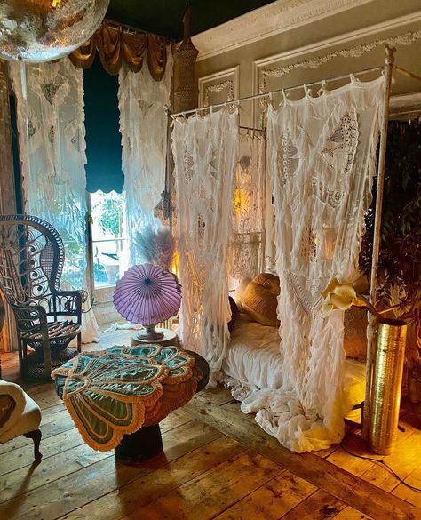 Serasestra on Instagram: “Busy bees. House Gown drapes being made and Cushions being sent out. Make your home your sanctuary.” Cottagecore Canopy Bed, Whimsigoth Bed Canopy, Bed Canopy Fairycore, Hippie Room Curtains & Drapes, Fairy Room Curtains & Drapes, Crystal Room, Colourful Living Room Decor, Hippy Room, Gorgeous Bedrooms