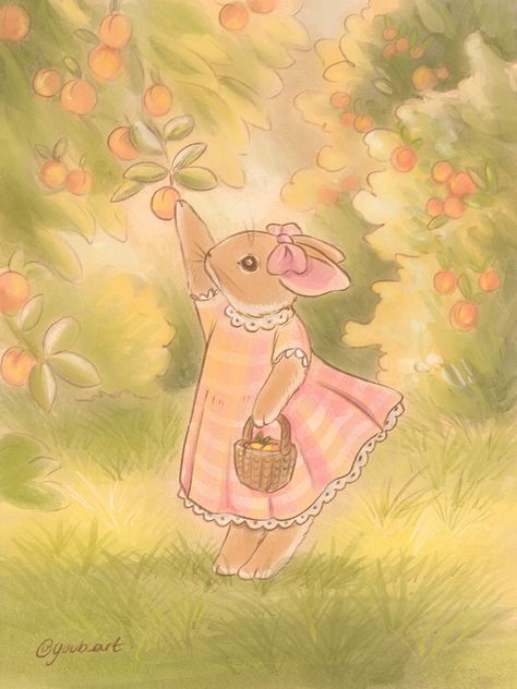 Early morning peach picking - @ goub_art Picking Peaches, Storybook Art Illustrations, Peach Picking, Cottagecore Painting, Forest Illustrations, Sweet Drawings, Spring Things, Storybook Art, Art Forest