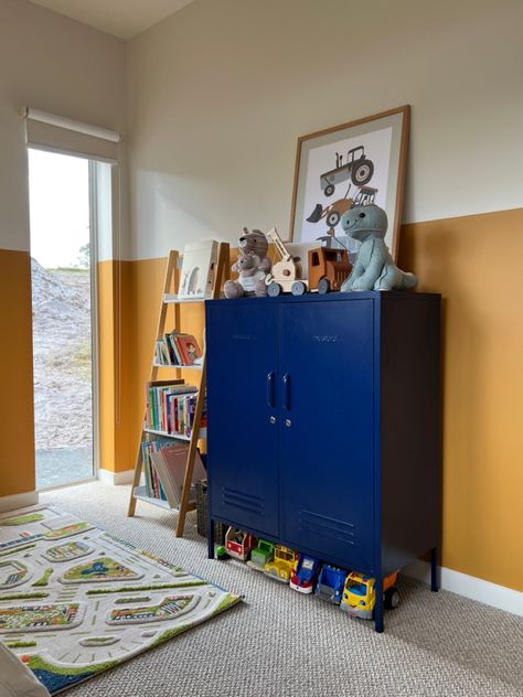 Mustard Made Locker Mustard Walls Dulux Golden Grain Mustard Yellow Playroom, Mustard Made Locker, Rorys Bedroom, Yellow Playroom, Mustard Bedroom, Yellow Kids Rooms, Boy Room Paint, Mustard Made