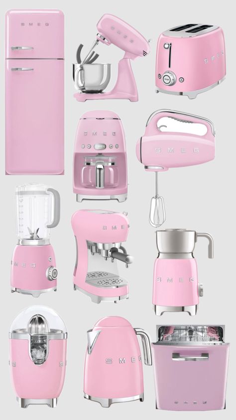 Appliances Aesthetic, Pink Smeg, Smeg Kitchen Appliances, Pink Kitchen Appliances, Smeg Kitchen, Pink Kitchen Decor, Studio Apartment Living, Strawberry Kitchen, Girly Apartments