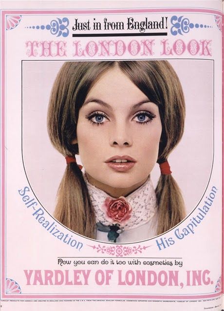 60's Yardley Ad - The London Look!  One of the first supermodels - Jean Shrimpton.  She married a Texan and owned a tea house on McKinney in Dallas. 60s Illustration, Cosmetics Ads, 1960s Makeup, The London Look, Vintage Parfum, Vintage Makeup Ads, 60s Makeup, Jean Shrimpton, Makeup Ads