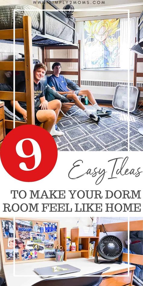 Want to create a cozy space to live while away at college? Check out these 9 simple ways to make your dorm room feel like home. Dorm rooms are cold and sterile when you move in but with our tips and tricks, you can make your new home away from home feel comfortable. Area rugs and extra seating are great ideas. Cozy bedding is essential. TV, gaming console, mini fridge and microwave are also ideas to make your college dorm room feel like home. Dorm Room Loft Bed Ideas, Dorm Rug Ideas, Male Dorm Room Ideas Colleges, Male Dorm Room Ideas, Minimalist Floating Shelves, Boy College Dorms, Cozy College Dorm, College Dorm Room Ideas For Guys, Dorm Room Seating