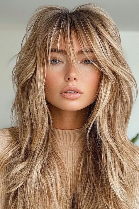 Beachy Blonde Shaggy for Long Hair, long layered haircut with fringe Shaggy Layers Long Hair, Long Layered Hair Blonde, Shoulder Length Dirty Blonde Hair, 70s Shag Haircut Medium, 70s Shag Haircut Long, Blonde Hair Cuts, Bangs Shag, Short Highlights, Long Blonde Hair Cuts