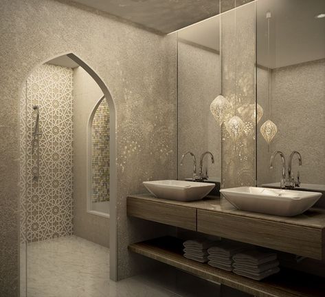 Hamam Inspired Bathroom, Morrocon Bath Interior, Arabic Bathroom Design, Arabic Home Design, Arab Interior Design, Arabic Bathroom, Hamam Bathroom, Modern Moroccan Bathroom, Moroccan Bathroom Ideas