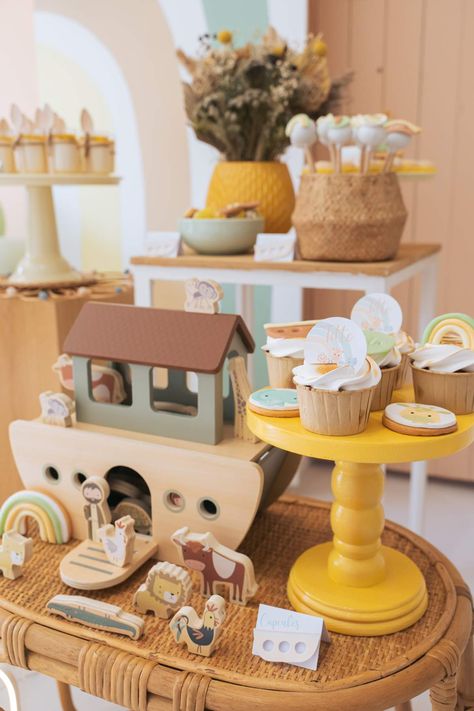 Noah's Ark Birthday Party | CatchMyParty.com Noah Ark 1st Birthday, Noahs Ark 1st Birthday Party Ideas, Noah’s Ark First Birthday, Two By Two Noahs Ark Birthday Party, Noah Ark Birthday Party Decoration, Noahs Ark Centerpiece Ideas, Noah Birthday Party, Noah’s Ark Birthday, Noah's Ark Birthday Party Ideas