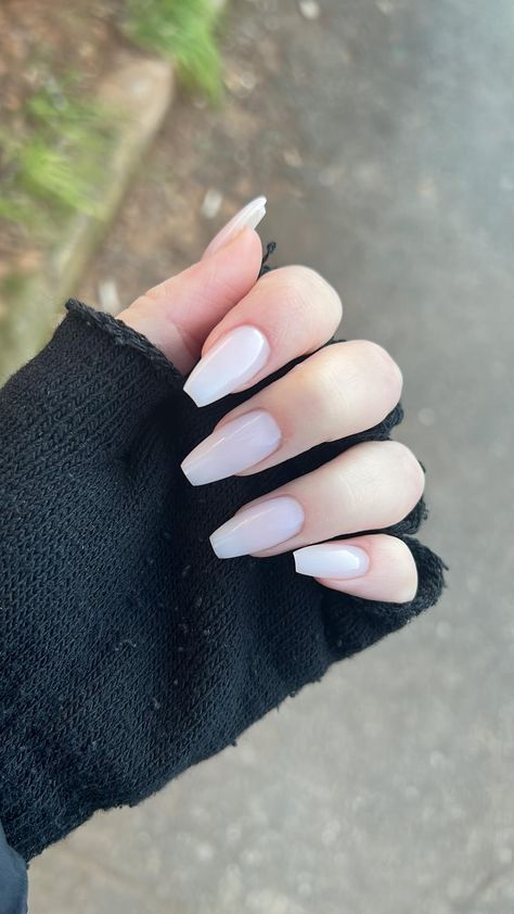 White Nails Straight, Milly White Acrylic Nails, Ballerina Milky White Nails, Softgel Nail Design White, White Nails Pale Skin, Clearish White Acrylic Nails, Sheer White Acrylic Nails, Ballerina Pearl Nails, Solid Color Nails White