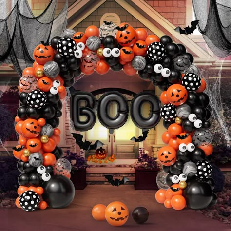 PRICES MAY VARY. 🎃【Package include】HALLOWEEN BALLOONS KIT:141pcs halloween balloon arch kit,Package includes:25x12inch balloons(black*5,orange*5,black and white dots*5 ,Bat-pattern*5,Devil Expression *5) 60x10inch balloons(black*25,orange*25 Marble Agate*10）40x5inch balloons(black*10,orange*10,gold*10,eyes*10）1x18inch black balloons，1pc BOO balloons，12Pcs 3D Bat Stickers,16ft balloon strip, 100 glue dots. 🎃【Premium quality】The balloons are made of premium natural latex material, which are endu Boo Balloons, Halloween Party Backdrop, Halloween Birthday Party Decorations, Dollar Tree Halloween Decor, Halloween Balloon, Balloons Arch, Fest Temaer, Dollar Tree Halloween, Halloween Fest