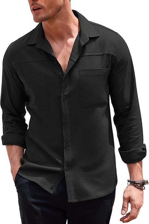 Linen Shirts For Men, Casual Dress Shirt Men, Cocktail Attire Men, Shirt Outfit Men, Black Button Up Shirt, Character Board, Black Button Down Shirt, Tactical Clothing, Linen Shirts