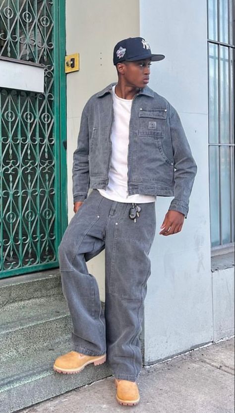 Timberland Fits Men, Air Jordan 1 Outfit Man, Timberland Fits, Baggy Clothes Style, Timbs Outfit, Double Denim Fashion, Daniel Simmons, Timberland Boots Outfit Mens, Jordan 4 White