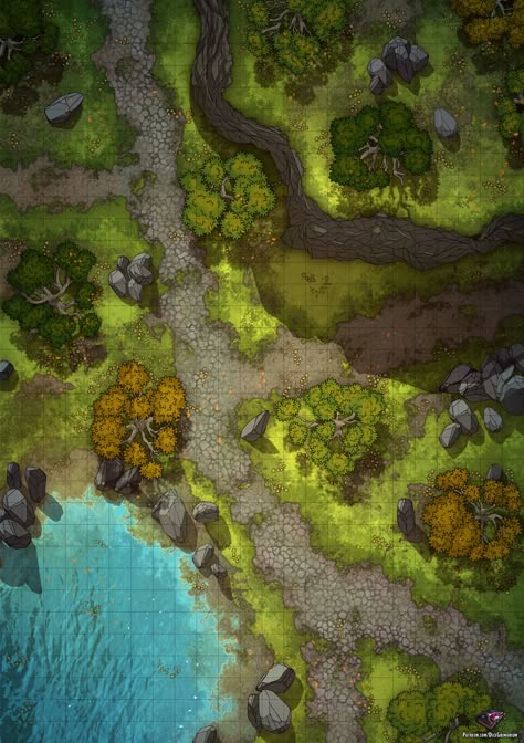 Visit https://patreon.com/dicegrimorium for more.  #dnd #map #dungeonsanddragons #battlemap #fantasy #dungeon #forest #lake #path #woods #water #cliff #environment #adventure #magic #outdoors #wilderness #plains #forgottenrealms #roll20 #fantasygrounds #gameart #art #tabletop #rpg #pathfinder #heroclix #encounter #grid #miniatures #cartography Forest Path Battlemap, Forest Maps Dnd, Dnd Forest Art, Dnd Forest Encounter, Ttrpg Battle Map, Dnd Forest Battle Map, Dnd Grid Map, Dnd Battle Maps Dungeon, Dnd Battle Maps Forest