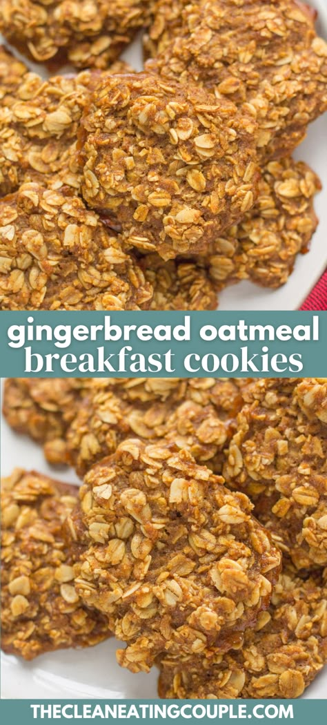 These Healthy Gingerbread Oatmeal Breakfast Cookies are the perfect nutritious, on-the-go breakfast! Gluten free, dairy free, low in sugar and so yummy! They're perfect for meal prepping and kids / adults love them! Gluten Free Oatmeal Breakfast Cookies, Gluten Free Breakfast Bites, Christmas Baking Healthy, Christmas Breakfast Healthy, Low Sugar Breakfast Ideas, Breakfast Gluten Free Dairy Free, Gingerbread Breakfast, Daniel Fast Breakfast, Sugar Free Oatmeal Cookies