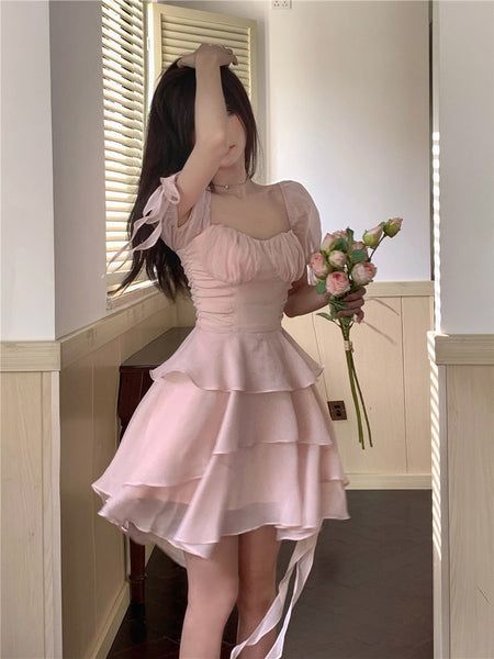 Short Dress Women, France Style, Chic Summer Dresses, Prom Outfit, Sleeve Silhouette, Pink Kawaii, Court Dresses, Homecoming Outfits, Dresses Cute