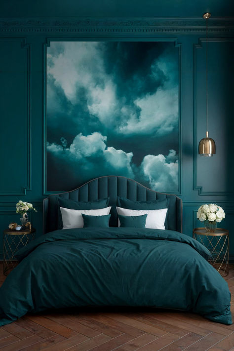 A moody bedroom that is teal colored, including a teal painted wall, teal bedding, and a cloud painting with a teal hue. Deep Teal Bedroom, Home Bedroom Refresh, Moody Bedrooms, Moody Bedroom Ideas, Cozy Fall Bedroom, Teal Bedroom, Porch House Plans, Moody Bedroom, Home Design Software