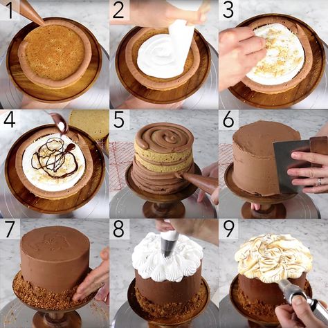 A photo showing steps on how to make a s'mores cake Cake Cover Photo, Graham Cracker Crumble, Cracker Cake, Graham Cracker Cake, Holiday Candy Recipes, Homemade Vanilla Cake, Fall Cake, Smores Cake, Preppy Kitchen