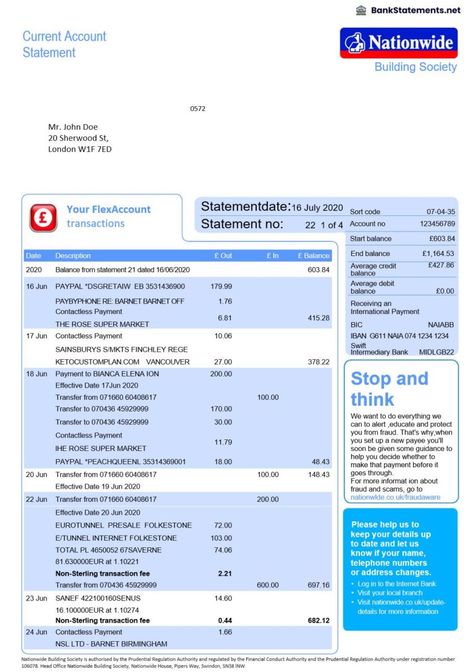 Nationwide BanThe Nationwide Bank Statement is a comprehensive financial document that provides a detailed summary of all transactions and balances associated with a Nationwide bank account.k Statement Payroll Checks, Ms Word Template, Account Verification, Pch Sweepstakes, Statement Template, Bank Statement, Pdf Templates, Ms Word, Word Template