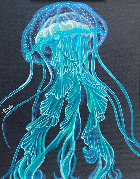 Images Of Jellyfish, Jelly Fish Pen Drawing, Jelly Fish Black Background, Jellyfish On Black Paper, Blue Paper Drawing, Blue Jellyfish Drawing, Colorful Jellyfish Painting, Underwater Chalk Art, Jellyfish Drawing Color