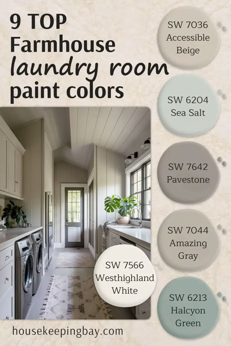 9 Top Farmhouse Laundry Room Paint Colors by Sherwin Williams Sherwin Williams Paint Farmhouse, Cabinet Colors Laundry Room, Laundry Room Cabinet Colors Farmhouse, Bathroom Farmhouse Paint Colors, Mudroom Laundry Room Paint Color, Farmhouse Two Tone Walls, Sea Salt Sherwin Williams Laundry Room, Sw Farmhouse Paint Colors, Wall Color For Laundry Room