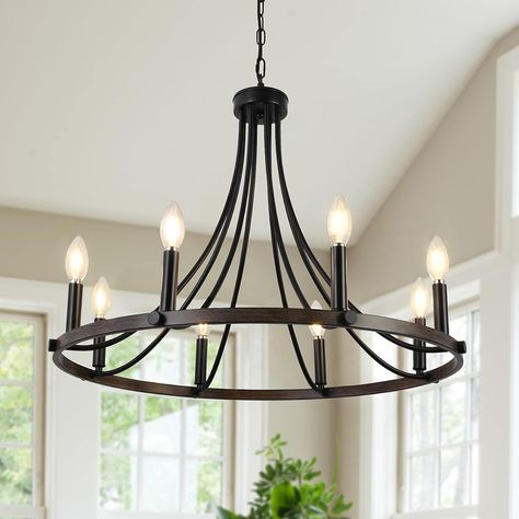 TMMAYSUN Farmhouse Wagon Wheel Chandeliers, 8-Light Pendant Light Fixtures Vintage Black Chandelier Iron Light Fixture Ceiling Hanging for Dining Room Kitchen Island Entryway Living Room Hanging Candle Lights, Mid Century Modern Farmhouse, Modern Farmhouse Chandelier, Industrial Style Lamps, Mid Century Modern Chandelier, Chandelier Farmhouse, Farmhouse Chandeliers, Farmhouse Light Fixtures, Wheel Chandelier