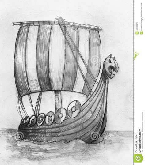 Viking Ship Drakkar Sketch Stock Illustration - Image: 48138676 Viking Boat Drawing, Viking Drawing Sketches, Viking Ship Drawing, Viking Art Drawing, Viking Ship Tattoo, Draco Constellation, China Tattoo, Viking Drawings, Boat Sketch