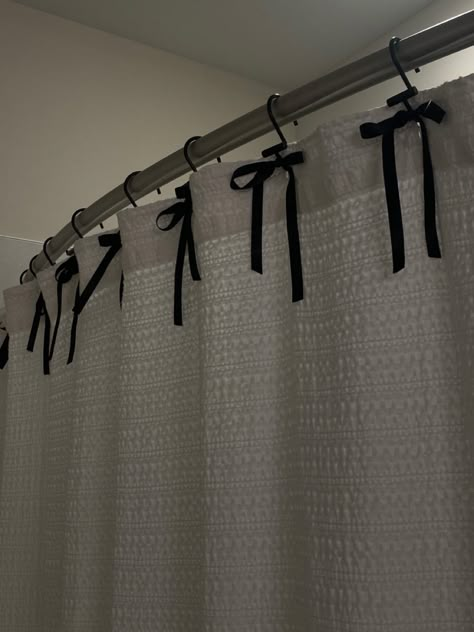 Shower Curtain With Ribbon, Ribbons On Shower Curtains, Personal Room Decor, Shower Curtain Ribbon, Ribbon Shower Curtain Hooks, Bows On Random Things, Bow On Shower Curtain, Ribbon On Shower Curtain, Apartment Decor Tips