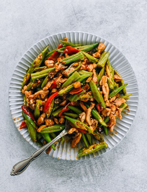 Okra Stir-fry with Chicken - The Woks of Life Sweet Bean Paste Recipe, Stir Fry Okra, Spicy Okra, Cook Okra, Traditional Asian Dish, Wok Of Life, Woks Of Life, The Woks Of Life, Okra Recipes