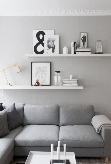 living room details, grey walls, from createcph Shelves Above Couch, Minimalist Dekor, Floating Shelves Living Room, Living Room Decor Rustic, Above Couch, Small Living Room Design, Living Wall Decor, Decor Ikea, Room Shelves