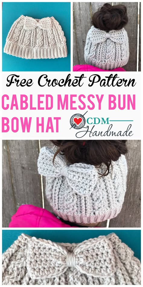 cabled messy bun bow hat pinterest Puppy Hat Crochet, Crochet Bow Pattern, Crochet Bun Hat, Bun Bow, Messy Bun Hat Pattern, Messy Bun Hat Crochet, Crochet Messy Bun, Crochet Hat With Brim, Bandeau Au Crochet