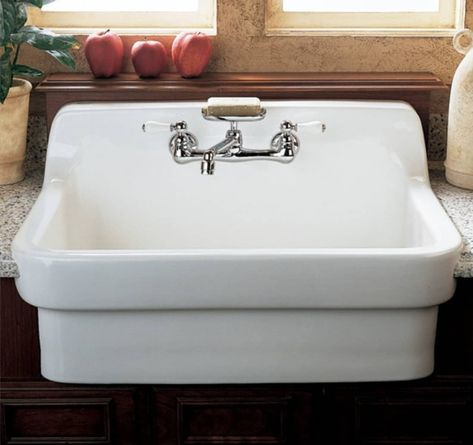 Post Image Farm Sink Faucet, Country Sink, Country Kitchen Sink, Kitchen Sink Styling, Wall Mounted Kitchen Faucet, Faucets Ideas, Wall Mount Kitchen Faucet, Ceramic Kitchen Sinks, Faucets Kitchen