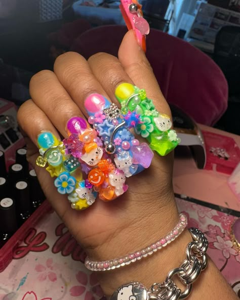 colorful junk nails for new york🪸 Long Junk Nails With Charms, Nails For New York, Chunky Nails, Nails With Charms, Aesthetic Nail Art, Junk Nails, Nail Appointment, Aesthetic Nail, I Love Being Black