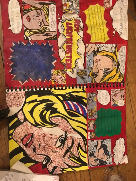 A Level Art Sketchbook Pop Art, Arts Award Portfolio, Roy Lichtenstein Gcse Art, Pop Art Sketchbook Page, Andy Warhol Research Page, Research Pages Art, Contrast Gcse Art, Pop Art Title Page Gcse, Pop Art Title Page