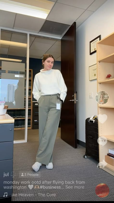 Light Green Slacks Outfit Women, Business Pants With Sneakers, Business Casual Outfits Trousers, Business Casual Outfits For Women Physical Therapist, Sage Green Slacks Outfit Women, Tailored Pants And Sneakers Outfit, Business Casual Green Pants, Green Office Pants Outfit, Olive Green Work Pants Outfit