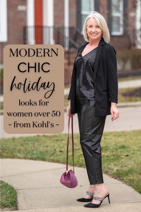 Style these faux leather pants for the holidays and beyond. Add a sparkly top and rhinestone heels from Kohl’s for a party or sneakers and a sweatshirt for a casual look. More information at Dressed for My Day. @kohls @shopstylecollective #ad #kohls #kohlsfinds Holiday Looks For Women, Holiday Casual Outfits, Holiday Outfit Inspiration, Dressed For My Day, Kohls Dresses, Chic Holiday, Sparkly Shoes, Sparkly Top, Black Suede Booties